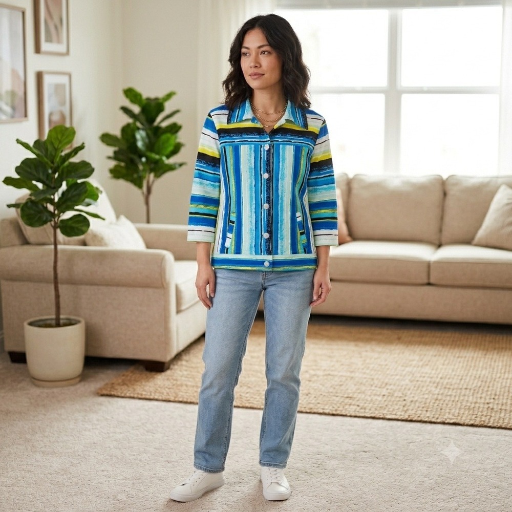 Onque Casual Blue Yellow Striped Button Front Jacket Petite Small 3/4 Sleeve